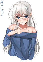 Rule 34 | 1girl, ahoge, armpit crease, bare shoulders, blue eyes, blue sweater, blush, breasts, commentary request, glasses, grey hair, heywood l. edwards (kancolle), highres, kantai collection, long hair, long sleeves, looking at viewer, off-shoulder sweater, off shoulder, one-hour drawing challenge, parted lips, ribbed sweater, semi-rimless eyewear, small breasts, solo, sweater, tf cafe, twitter username, upper body, white background