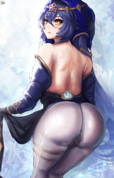 Rule 34 | 1girl, absurdres, ass, ass focus, bare shoulders, blue hair, blue hood, blush, breasts, detached sleeves, from behind, genshin impact, gloves, highres, hood, huge ass, layla (genshin impact), long hair, looking at viewer, looking back, medium breasts, nipples, pants, purrin, pussy juice, pussy juice drip through clothes, shiny clothes, shiny skin, sideboob, solo, topless, very long hair, vision (genshin impact)