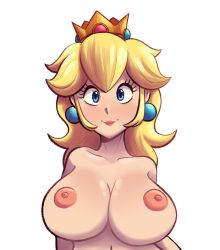 Rule 34 | 1girl, blonde hair, blue eyes, blush, breasts, closed mouth, collarbone, crown, earrings, female focus, highres, jewelry, large breasts, long hair, looking at viewer, mario (series), navel, nintendo, nipples, nose blush, nude, pink lips, princess peach, simple background, smile, solo, steecks, super mario bros. 1, upper body, white background