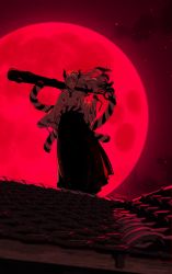 Rule 34 | 1girl, akmn, arm at side, backlighting, chain, closed mouth, club, club (weapon), cuffs, curled horns, expressionless, floating hair, full moon, hakama, hand up, highres, horns, huge weapon, japanese clothes, kanabou, kimono, long hair, long sleeves, looking at viewer, monochrome, moon, multicolored hair, night, night sky, on roof, one piece, oni, outdoors, over shoulder, red moon, red theme, rooftop, rope, shackles, shimenawa, sky, solo, standing, star (sky), starry sky, twitter username, very long hair, weapon, weapon over shoulder, wide sleeves, wind, yamato (one piece)