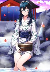 Rule 34 | 1girl, alternate costume, ameno (a meno0), blue eyes, blue hair, breasts, cloud, fire emblem, fire emblem awakening, hair between eyes, highres, japanese clothes, kimono, leaf, lucina (fire emblem), maple leaf, matching hair/eyes, nintendo, onsen, partially submerged, sitting, small breasts, smile, solo, symbol-shaped pupils, tagme, tiara, wet