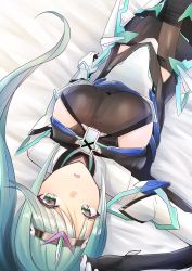 Rule 34 | 1girl, breasts, chest jewel, cowboy shot, dutch angle, gloves, green hair, highres, large breasts, long hair, lying, nano mik, nintendo, on back, on bed, pneuma (xenoblade), ponytail, solo, spoilers, swept bangs, tiara, upside-down, xenoblade chronicles (series), xenoblade chronicles 2