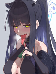 Rule 34 | 1girl, animal ears, artist request, black hair, blue archive, cat ears, cat girl, green eyes, long hair, long tongue, looking at viewer, shun (blue archive), tongue