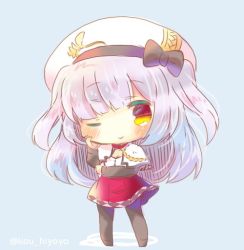 Rule 34 | 1girl, ;), ajax (azur lane), azur lane, beret, black bow, black footwear, black pantyhose, blue background, blush, bow, brown eyes, capelet, chibi, closed mouth, detached sleeves, full body, hand up, hat, hat bow, kou hiyoyo, long hair, long sleeves, looking at viewer, one eye closed, pantyhose, pleated skirt, red skirt, shirt, silver hair, skirt, smile, solo, standing, twitter username, two side up, very long hair, white capelet, white hat, white shirt