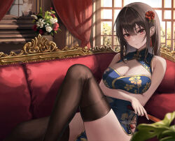 Rule 34 | 1girl, arms under breasts, bare arms, black thighhighs, blue dress, blush, breast hold, breasts, brown hair, china dress, chinese clothes, cleavage cutout, closed mouth, clothing cutout, couch, curtains, day, dress, earrings, feet out of frame, floral print, flower, gold trim, hair between eyes, hair flower, hair ornament, indoors, jewelry, knee up, large breasts, long hair, mole, mole under eye, mookyuu9, on couch, original, pelvic curtain, print dress, red eyes, side slit, sidelocks, sitting, sleeveless, sleeveless dress, smile, tassel, tassel earrings, thighhighs, thighs, window