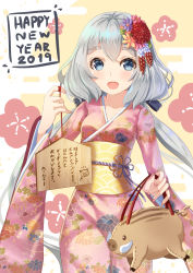 Rule 34 | 10s, 1girl, 2019, :d, absurdres, animal bag, bad id, bad pixiv id, bag, blue eyes, blush, commentary request, ema, floral print, flower, hair between eyes, hair flower, hair ornament, happy new year, highres, holding, holding bag, holmemee, japanese clothes, kimono, konno junko, long hair, looking at viewer, low twintails, nengajou, new year, obi, open mouth, pink flower, pink kimono, print kimono, purple flower, red flower, sash, silver hair, smile, solo, thick eyebrows, translated, twintails, very long hair, zombie land saga