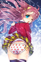 Rule 34 | 1girl, arm up, ass, black thighhighs, blazer, blue eyes, bow, bow panties, cat shi, dress shirt, food print, frilled panties, frills, hair bow, jacket, long hair, lowres, one eye closed, open mouth, panties, pantyshot, pink hair, plaid, plaid skirt, pleated skirt, print panties, school uniform, shirt, skirt, solo, strawberry panties, strawberry print, sword girls, thighhighs, underwear, weekly daily, wink