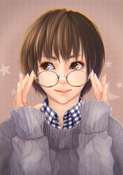 Rule 34 | .sin, 1girl, adjusting eyewear, blue shirt, bob cut, brown eyes, brown hair, buttons, cable knit, closed mouth, collared shirt, commentary, eyelashes, eyeshadow, facing viewer, gingham, gingham shirt, glasses, grey sweater, hands up, highres, light brown background, lips, long sleeves, looking over eyewear, looking to the side, makeup, multicolored shirt, open collar, original, pink eyeshadow, pink lips, portrait, round eyewear, shirt, short hair, sideways glance, sleeves past wrists, smile, solo, star (symbol), striped, striped background, sweater, upper body, vertical stripes, white shirt, wispy bangs
