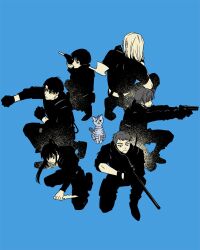 Rule 34 | 3boys, 3girls, animal, animalization, axe, baek ae-young, blue background, cat, character request, check gender, closed mouth, commentary request, eoduun badaui deungbul-i doeeo, gloves, gun, handgun, highres, holding, holding axe, holding gun, holding knife, holding weapon, jihyeok seo, knife, korean commentary, long hair, long sleeves, moonmunsea, multiple boys, multiple girls, on one knee, park moo-hyun, ponytail, rifle, shin hae-ryang, short hair, short sleeves, simple background, surrounded, weapon