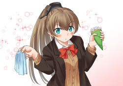 Rule 34 | 1girl, beige cardigan, blazer, blue eyes, bow, bowtie, brown hair, brown jacket, cardigan, commentary request, crepe, food, gradient background, jacket, kantai collection, kumano (kancolle), kumano kai ni (kancolle), long hair, looking at viewer, mayura (lucadia), napkin, one-hour drawing challenge, orange bow, orange bowtie, ponytail, school uniform, solo, sparkle, upper body, white background