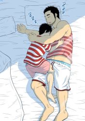 Rule 34 | ..., 04sora40, 2boys, age difference, bare shoulders, bed, bed sheet, bedroom, commentary request, facial hair, highres, holding, hug, indoors, male focus, multiple boys, muscular, muscular male, onii-shota, original, pillow, short hair, shorts, yaoi, zzz