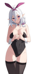 Rule 34 | 1girl, absurdres, animal ears, antenna hair, bare shoulders, black leotard, black thighhighs, blush, breasts, bright pupils, cleavage, closed mouth, covered navel, detached collar, elf, gluteal fold, grey hair, groin, hair between eyes, hair over shoulder, highres, koota (rlet loft), large breasts, leotard, long hair, looking at viewer, low ponytail, original, own hands together, playboy bunny, pointy ears, purple eyes, rabbit ears, simple background, solo, strapless, strapless leotard, thigh gap, thighhighs, white background, wrist cuffs