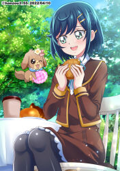 Rule 34 | 1girl, black pantyhose, blue hair, blue ribbon, blue sky, bob cut, braid, bread, brown dress, brown jacket, chair, commentary, cup, dated, day, delicious party precure, disposable cup, dress, dress shirt, food, frown, fuwa kokone, green eyes, hair ornament, hairclip, hanzou, highres, holding, holding food, jacket, long sleeves, looking at another, medium dress, neck ribbon, on chair, open mouth, outdoors, pam-pam (precure), pantyhose, precure, ribbon, school uniform, shinsen middle school uniform, shirt, short hair, sitting, sky, solo, table, twitter username, white shirt, wing collar