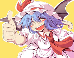 Rule 34 | 1girl, bat wings, blue hair, blush stickers, bow, closed eyes, fangs, female focus, fuyuwa kotatsu, hat, hat bow, highres, open mouth, remilia scarlet, smile, solo, thumbs up, touhou, wings