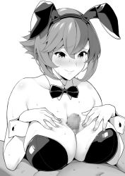 Rule 34 | 1boy, 1girl, animal ears, bad id, bad pixiv id, bare shoulders, blush, breasts, breasts squeezed together, censored, cleavage, collarbone, detached collar, fake animal ears, greyscale, hairband, hetero, kantai collection, large breasts, leotard, monochrome, mosaic censoring, mutsu (kancolle), paizuri, penis, playboy bunny, rabbit ears, short hair, smile, soba (saz), solo focus, wrist cuffs