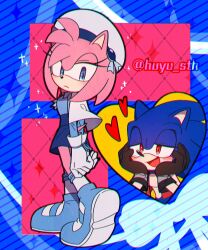Rule 34 | 1boy, 1girl, alternate costume, alternate eye color, amy rose, animal ears, animal nose, artist name, bare shoulders, black gloves, blue background, blue eyes, blue footwear, blue fur, blue gemstone, blue ribbon, blue shirt, blue skirt, blush, breasts, capelet, closed mouth, collared shirt, eyelashes, furry, furry female, furry male, gem, gloves, half-closed eyes, hands on own face, hands up, hat, hat ribbon, heart, hedgehog, hedgehog ears, hedgehog girl, hedgehog tail, hetero, highres, huyu sth, jewelry, long sleeves, looking at another, looking at viewer, medium breasts, miniskirt, multicolored background, open clothes, open mouth, open vest, pink background, pink fur, red eyes, red vest, ribbon, shirt, shoes, skirt, smile, socks, sonic (series), sonic the hedgehog, standing, star (symbol), starry background, striped, striped background, tail, tongue, vest, watermark, white capelet, white gloves, white headwear, white socks, yellow background