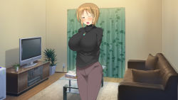 Rule 34 | 1girl, arms behind back, blush, breasts, brown eyes, brown hair, carpet, couch, female focus, groin, hayami (minami-ke), highres, huge breasts, indoors, jewelry, legs, looking at viewer, makarou, minami-ke, necklace, nose blush, one eye closed, open mouth, pendant, plant, short hair, solo, standing, table, television, thighs, turtleneck, wink
