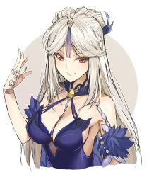 Rule 34 | 1girl, armpits, bare shoulders, breasts, claw ring, cleavage, genshin impact, hair ornament, hair stick, hair tassel, hairpin, highres, long hair, looking at viewer, medium breasts, ningguang (genshin impact), ningguang (orchid&#039;s evening gown) (genshin impact), official alternate costume, ohta yuichi, parted bangs, red eyes, smile, solo, tassel, tassel hair ornament, upper body, white background, white hair