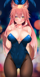 Rule 34 | 1girl, animal ear fluff, animal ears, blue leotard, blush, breasts, cleavage, collarbone, covered navel, fake animal ears, fate/grand order, fate (series), fox ears, fox girl, fox tail, highres, large breasts, leotard, long hair, looking at viewer, pantyhose, pink hair, playboy bunny, rabbit ears, sabi (rupf2384), solo, tail, tamamo (fate), tamamo no mae (fate/extra), tongue, very long hair, yellow eyes