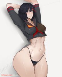 Rule 34 | 1girl, abs, arms up, artist name, black hair, blush, breasts, collarbone, curvy, kill la kill, kisou (kisou00), large breasts, looking at viewer, matoi ryuuko, multicolored hair, navel, no pants, patreon username, red hair, senketsu, short hair, simple background, solo, standing, stomach, streaked hair, thick thighs, thighs, thong, white background, wide hips