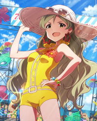 Rule 34 | &gt;:d, 10s, 1girl, :d, alternate hairstyle, beamed quavers, bracelet, brown hair, earrings, hand on headwear, hand on own hip, handa roco, hat, idolmaster, idolmaster million live!, jewelry, long hair, looking at viewer, musical note, official art, one-piece swimsuit, open mouth, smile, solo focus, sun hat, swimsuit, v-shaped eyebrows, yellow eyes