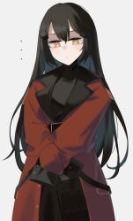 Rule 34 | ..., 1girl, absurdres, black dress, black hair, closed mouth, coat, commentary request, cowboy shot, dandelion (girls&#039; frontline), dress, expressionless, girls&#039; frontline, grey background, griffin &amp; kryuger military uniform, hair between eyes, hair ornament, highres, hinami047, long hair, looking down, oversized clothes, red coat, simple background, sleeves past fingers, sleeves past wrists, solo, tied sleeves, yellow eyes