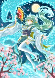 Rule 34 | 1girl, cherry blossoms, cherry tree, detached sleeves, fate/grand order, fate (series), floating hair, full body, full moon, green hair, hair between eyes, hand fan, highres, holding, holding fan, horns, japanese clothes, kimono, kiyohime (fate), long hair, long sleeves, moon, morizono shiki, night, night sky, outdoors, parted lips, sky, solo, star (sky), starry sky, thighhighs, very long hair, white sleeves, white thighhighs, wide sleeves, yellow eyes, zettai ryouiki