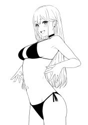 Rule 34 | 1girl, arms up, bare arms, bare shoulders, belly, bikini, black bikini, blush, breasts, choker, cowboy shot, cropped legs, earrings, eyebrows hidden by hair, from side, greyscale, hair behind ear, highres, jewelry, kitagawa marin, long hair, looking at viewer, medium breasts, monochrome, navel, open mouth, simple background, smile, solo, sono bisque doll wa koi wo suru, standing, stomach, swimsuit, tantanmen72, teeth, upper teeth only, white background