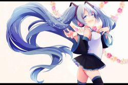 Rule 34 | 1girl, blue eyes, blue hair, flower, hatsune miku, headphones, highres, letterboxed, long hair, necktie, open mouth, pleated skirt, ponita, skirt, sleeveless, smile, solo, twintails, very long hair, vocaloid