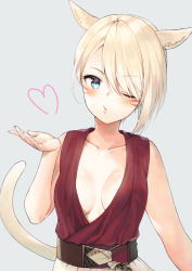 Rule 34 | 1girl, animal ears, warrior of light (ff14), bad id, bad twitter id, bare arms, bare shoulders, blonde hair, blowing kiss, blue eyes, blush, breasts, cat ears, cat girl, cat tail, closed mouth, collarbone, commentary, dress, eyes visible through hair, facial mark, final fantasy, final fantasy xiv, grey background, hair over one eye, hand up, heart, medium breasts, midorikawa you, miqo&#039;te, one eye closed, red dress, simple background, sleeveless, sleeveless dress, solo, square enix, symbol-only commentary, tail, tail raised, upper body, whisker markings
