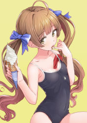 Rule 34 | 1girl, ahoge, armpit crease, bad id, bad pixiv id, bare arms, bare shoulders, black one-piece swimsuit, breasts, brown hair, collarbone, competition school swimsuit, covered navel, dripping, food, hair ribbon, hakozaki serika, hands up, holding, ice cream, ice cream cone, idolmaster, idolmaster million live!, licking, long hair, looking at viewer, one-piece swimsuit, ribbon, school swimsuit, simple background, small breasts, solo, swim cap, swimsuit, thighs, tongue, tongue out, twintails, yellow eyes, yoropa