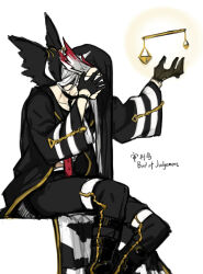 Rule 34 | 1boy, balance scale, black coat, black footwear, black hair, black pants, black wings, blindfold, boots, coat, facing to the side, head wings, judgement bird, lobotomy corporation, long hair, male focus, nishikujic, pants, personification, project moon, shoes, simple background, sitting, solo, very long hair, weighing scale, white background, white hair, wings