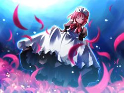 Rule 34 | 00s, apron, clothes lift, curtsey, closed eyes, flower, hisui (tsukihime), long skirt, maid, maid apron, maid headdress, night, petals, red hair, short hair, skirt, skirt lift, solo, spider lily, tsukihime