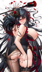 Rule 34 | 1girl, absurdres, armband, ass, azur lane, bare shoulders, bed sheet, black dress, black hair, black pantyhose, blush, breasts, breasts out, dress, dripping, drooling, garter straps, hair ornament, heart, heart-shaped pupils, highres, huge breasts, jewelry, licking lips, looking back, lying, meion, microphone, nail polish, naughty face, nipples, on stomach, pantyhose, pussy, pussy juice, pussy juice trail, red eyes, saliva, solo, spread ass, spread pussy, symbol-shaped pupils, taihou (azur lane), taihou (muse) (azur lane), thick thighs, thighs, tongue, tongue out, torn clothes, torn pantyhose, wet