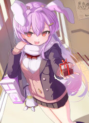 Rule 34 | 1girl, :3, animal ears, black jacket, black skirt, blazer, blush, box, brown vest, buttons, commentary request, feet out of frame, gift, gift box, hair intakes, highres, holding, holding gift, indoors, jacket, light purple hair, long hair, long sleeves, lunatic gun, open clothes, open jacket, open mouth, pleated skirt, puuakachan, rabbit ears, rabbit tail, red eyes, reisen udongein inaba, scarf, shirt, skirt, smile, solo, tactile paving, tail, touhou, valentine, vest, white scarf, white shirt