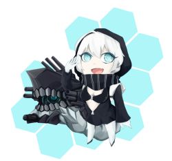 Rule 34 | 10s, 1girl, :d, abyssal ship, backpack, bag, bikini, black bikini, blue eyes, chibi, colored skin, coolnova, hood, hooded jacket, jacket, kantai collection, looking at viewer, machinery, o-ring, o-ring top, open mouth, re-class battleship, salute, scarf, short hair, smile, solo, swimsuit, tail, turret, white hair, white skin