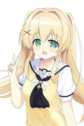 1girl :d absurdres ascot black_ascot blonde_hair blush commentary green_eyes hair_intakes hair_ornament hand_up happy highres long_hair looking_at_viewer naca_(chocolat_tiara) open_mouth puffy_short_sleeves puffy_sleeves sailor_collar school_uniform serafuku short_sleeves sidelocks simple_background smile solo summer_pockets sweater_vest tareme tsumugi_wenders twintails v white_background white_sailor_collar x_hair_ornament yellow_sweater_vest