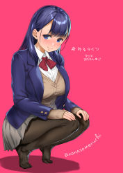 Rule 34 | 1girl, black pantyhose, blazer, blue eyes, blue hair, blue jacket, breasts, brown sweater, closed mouth, collared shirt, feet, full body, grey skirt, hands on own knees, jacket, large breasts, long hair, long sleeves, looking at viewer, miru tights, mole, mole under eye, nakabeni yua, nanase meruchi, no shoes, open clothes, open jacket, pantyhose, pink background, pleated skirt, red neckwear, school uniform, shirt, simple background, skirt, sleeves past wrists, smile, solo, squatting, straight hair, sweater, tiptoes, translation request, twitter username, unbuttoned, white shirt