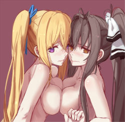 Rule 34 | 10s, 2girls, amagi brilliant park, antenna hair, bare arms, bare shoulders, blonde hair, blush, breast press, breasts, brown eyes, brown hair, cheek-to-cheek, cleavage, company connection, completely nude, crossover, female focus, hair intakes, hair ribbon, heads together, hfp~kubiao, hfp～kubiao, kawakami mai, kyoto animation, large breasts, long hair, looking at viewer, mole, mole under eye, multiple girls, musaigen no phantom world, nude, ponytail, purple eyes, ribbon, sento isuzu, shy, side ponytail, sideboob, simple background, symmetrical docking, upper body, wavy mouth