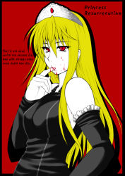 Rule 34 | 00s, 1girl, bare shoulders, black sleeves, blonde hair, blood, breasts, detached sleeves, english text, facing viewer, finger sucking, finger to mouth, hime (kaibutsu oujo), kaibutsu oujo, long hair, looking at viewer, red background, red eyes, simple background, slit pupils, small breasts, solo, tagme, taihei tengoku, tiara