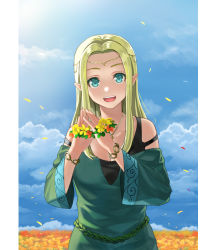 Rule 34 | 1girl, bare shoulders, black dress, blonde hair, breasts, cleavage, cloud, collarbone, commentary request, day, dress, flower, green dress, green eyes, hirono (hxze4434), large breasts, long hair, looking at viewer, orange flower, original, parted bangs, smile, solo, teeth, upper teeth only, yellow flower