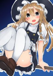 Rule 34 | 1girl, :d, ankle boots, apron, ass, black eyes, blonde hair, blush, boots, braid, broom, broom riding, golgi hon, hat, highres, kirisame marisa, long hair, looking at viewer, miniskirt, nikkesu, open mouth, puffy short sleeves, puffy sleeves, short sleeves, side braid, single braid, skirt, skirt set, smile, solo, thighhighs, touhou, vest, waist apron, white thighhighs, witch hat