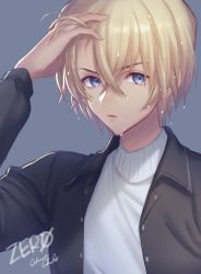 Rule 34 | 1boy, amuro tooru, black jacket, blonde hair, blue eyes, commentary request, grey background, grey sweater, hair between eyes, hand up, jacket, looking at viewer, male focus, meitantei conan, open clothes, open jacket, parted lips, sakura shiho, simple background, solo, sweater, upper body, water drop, wet, wet hair
