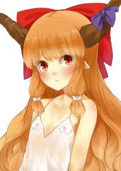 Rule 34 | 1girl, bad id, bad twitter id, bare shoulders, blush, collarbone, covered erect nipples, flat chest, hair ornament, hair ribbon, highres, horn ornament, horn ribbon, horns, ibuki suika, long hair, looking at viewer, nightgown, nipples, nishiuri, orange hair, parted lips, pointy ears, red eyes, ribbon, see-through, simple background, sleeveless, slit pupils, solo, touhou, upper body, white background