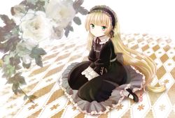 Rule 34 | 1girl, blonde hair, checkered floor, dress, floor, flower, frills, gosick, gothic lolita, green eyes, hairband, hime cut, lolita fashion, long hair, looking at viewer, machinosuke, mary janes, shoes, sitting, solo, tsurime, v arms, very long hair, victorica de blois, wariza