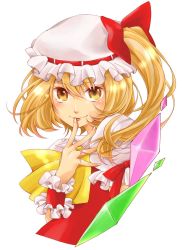 Rule 34 | 1girl, ascot, bad id, bad pixiv id, blonde hair, blush, crystal, flandre scarlet, hat, hat ribbon, highres, looking at viewer, mob cap, portrait, puffy sleeves, ribbon, shimako, shirt, short sleeves, side ponytail, simple background, smile, solo, touhou, vest, white background, wrist cuffs, yellow eyes