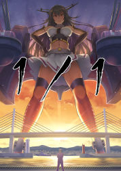 Rule 34 | &gt;:(, 10s, 1boy, 1girl, admiral (kancolle), antennae, black hair, boat, bridge, brown eyes, cannon, censored, censored by text, cloud, convenient censoring, crop top, frown, gauntlets, giant, giantess, hands on own hips, harbor, headgear, highres, kantai collection, kuro oolong, long hair, looking at viewer, machinery, midriff, military, military uniform, nagato (kancolle), navel, panties, pantyshot, scale, size difference, sky, standing, sunset, thigh strap, thighhighs, underwear, uniform, upskirt, v-shaped eyebrows, very long hair, watercraft, white panties