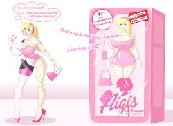 Rule 34 | 1girl, absurdres, aegis (persona), bag, barbie, bimbofication, blonde hair, blue eyes, bow, brain drain, breasts, confused, covered erect nipples, curvy, doll, dollification, dress, eyelashes, eyeshadow, female focus, gynoid, handbag, henshin, high heels, highres, human to inanimate, inanimate object, large breasts, leotard, lips, lipstick, makeup, persona, persona 3, petrification, pink bow, pink dress, pink high heels, pink lips, pink ribbon, ribbon, robot, robot girl, sealguy, short hair, solo, standing, thick thighs, thighhighs, thighs, transformation, transformation (object), video game, white leotard, white thighhighs, wide hips