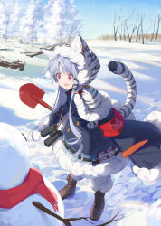 Rule 34 | 1girl, absurdres, ame (2453323719), animal hood, azur lane, blue coat, blue dress, boots, capelet, chang chun (azur lane), child, coat, dress, female focus, from side, full body, fur-trimmed boots, fur-trimmed dress, fur-trimmed hood, fur trim, highres, hood, hooded capelet, outdoors, purple eyes, red scarf, scarf, shovel, snow, snowman, solo, tiger hood