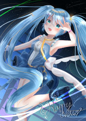 Rule 34 | 1girl, :p, absurdly long hair, absurdres, anniversary, aqua eyes, aqua hair, artist name, artist request, back bow, bare legs, bare shoulders, black sky, blue dress, blue eyes, blue footwear, blue hair, blue skirt, blue sky, boots, bow, bracelet, breasts, cloud, collarbone, day, dress, female focus, hair ornament, hatsune miku, highres, jewelry, long hair, outdoors, see-through, see-through dress, skirt, sky, small breasts, solo, standing, standing on one leg, star (sky), star (symbol), star hair ornament, star print, striped clothes, striped footwear, tongue, tongue out, twintails, v, vertical-striped footwear, very long hair, vocaloid, white bow, x hair ornament, yellow neckwear, yuzuriri555